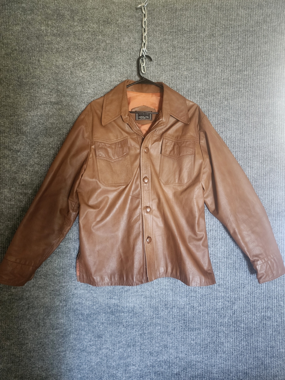 70s Vintage Caramel Brown Leather Button-Up Utility Jacket Western Boho